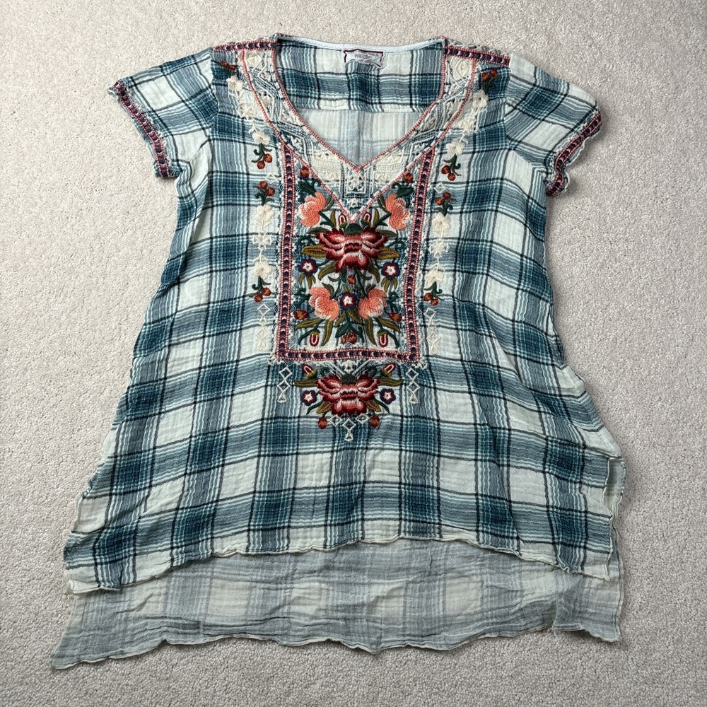 Johnny Was Julienne Top Women's Size XS Embroidered Floral Plaid Short Sleeve